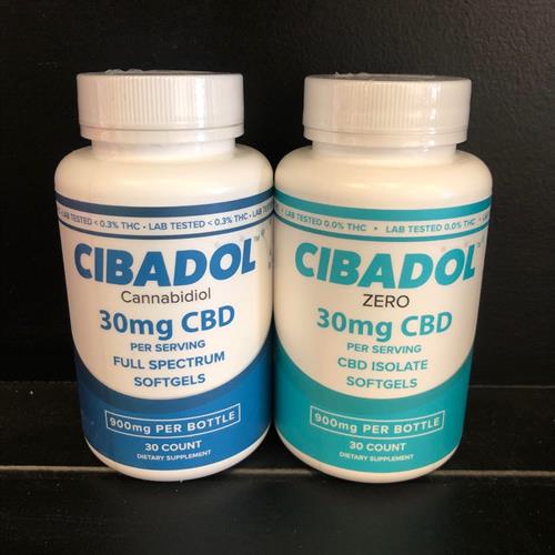 Cibadol gel capsules, isolate or full spectrum, 30mg CBD per capsule, 900mg per bottle