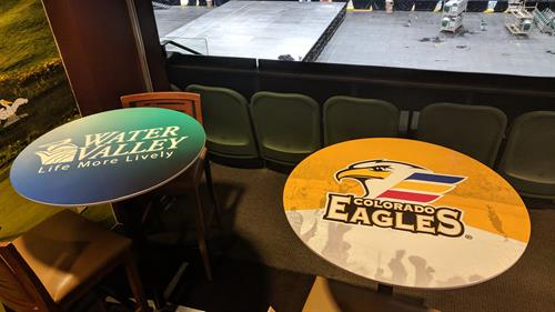 Water Valley and Colorado Eagles table wraps at the Budweiser Events Center