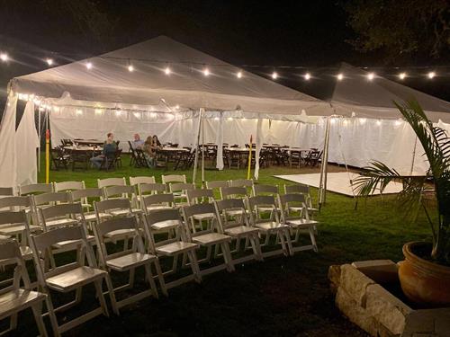 2 - 20' x 40' Tents, String Lights, Dance Floor, White & Mahogany Resin Chairs &Tables