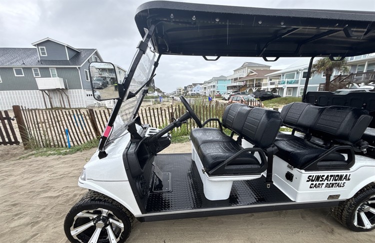 Premium 6-passenger street-legal golf cart from Sunsational Cart Rentals, offering convenient rentals and free delivery in Ocean Isle Beach, NC.