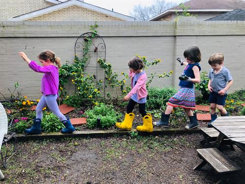 Kindergarten students in the garden