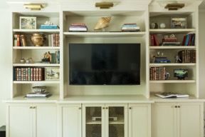 New Orleans Transitional Condo Entertainment Center Copyright Susan Currie Design 2016