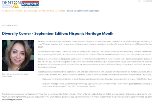 Maverick Bellann Morales Hyten featured article author regarding Hispanic Heritage Month for the Denton Chamber of Commerce!