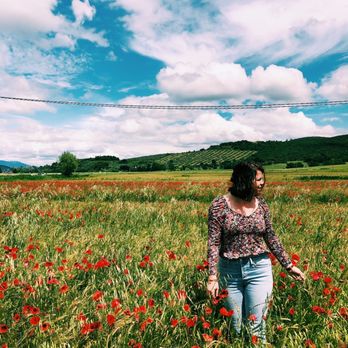Customer walking in field of poppies in Umbria