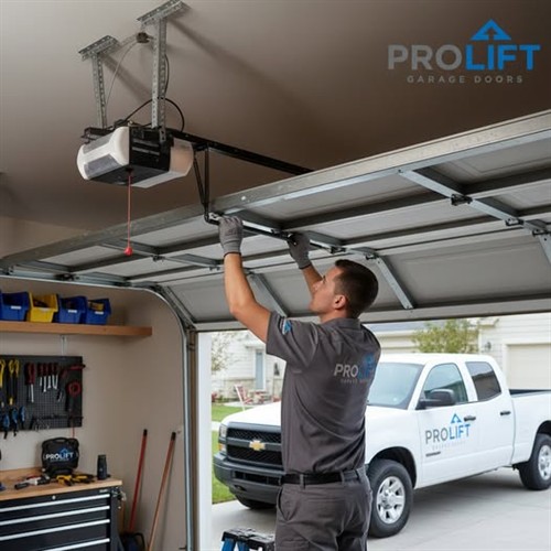ProLift Garage Doors technician completing a residential opener and track repair during a same-day service visit.