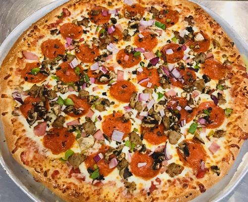 Hildy's Special - pepperoni, Canadian bacon, Italian sausage, mushrooms, green peppers, onions