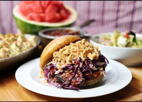 Barbecue Beef Brisket Sandwich w/ Fried Onions, Cole Slaw on Tolera Bun