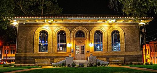 Palestine Public Library -Carnegie at Night Photo by Stuart Whitaker