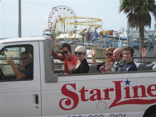 Malibu Stars' Homes Tour departing from Santa MOnica Pier in open-top 13-seater van for maximum viewing