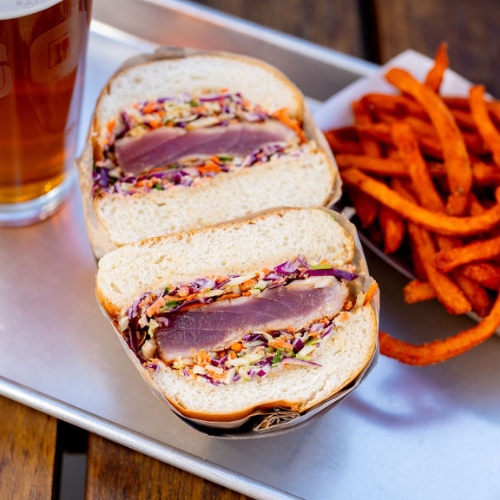 Gott's Ahi Burger and Sweet Potato Fries