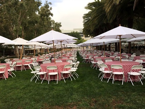 Santa Monica College Event. Umbrellas, Tables, Linens and Chairs.  Trusted Event Rental Company!