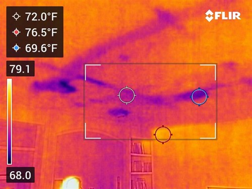 Thermal image showing temperature differential of evaporative cooling spots due to water migration from second floor leak