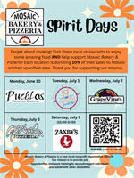 Mosaic Bakery & Pizzeria Spirit Days