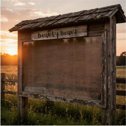 Bounty Board. Find "Bounties" to send you on your next side quest to earn a reward.