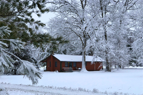 Romantic snowy escape with wood-burning fireplaces.