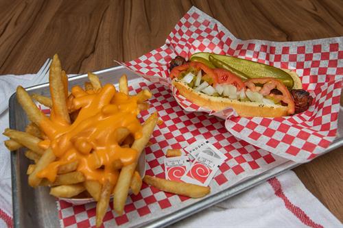 The Jumbo Char Dog with Cheese Fries