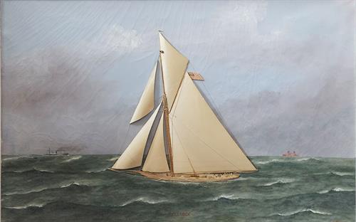 THOMAS WILLIS (Danish/American, 1850 - 1925) “Reliance” Signed lower right, and titled lower center. Oil on canvas with applied silk sails, silk thread rigging and stitched details.
