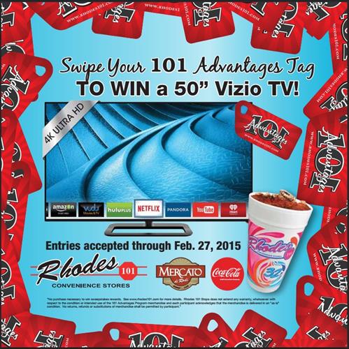 This February, swipe your 101 Advantages Tag for a chance to win a 50" TV from Rhodes 101 Stop! 