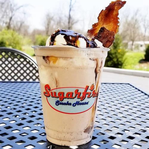 Bacon Bourbon Fudge shake! House made chocolate fudge milkshake, topped with whipped cream, and candied bourbon bacon