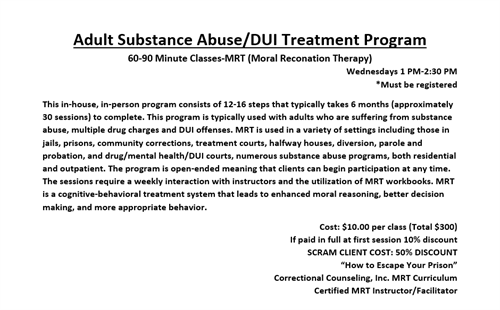 MRT Adult Drug Alcohol Abuse Treatment Program