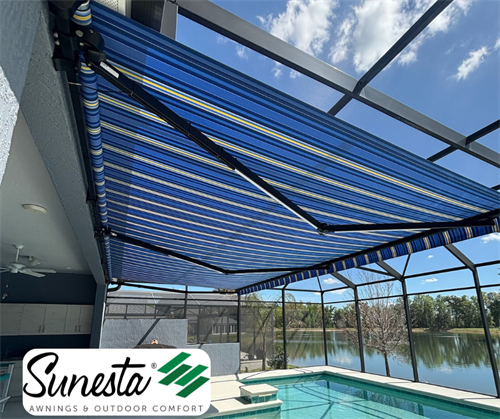 Sunesta retractable awning with LED lights inside pool enclosure 