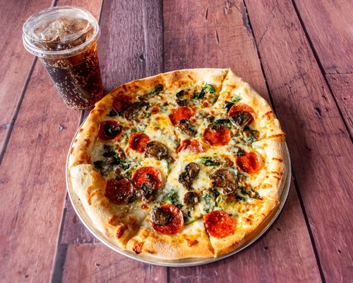 BYO Lunch Pizza with 3 toppings and a drink $12
