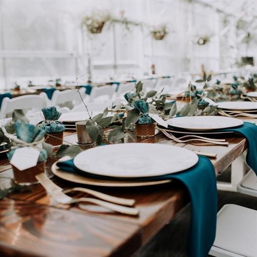 Farm table with gold & teal accents