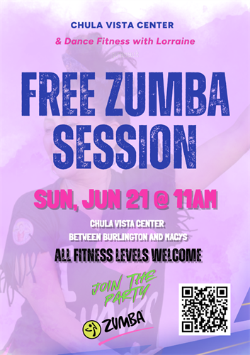 Sign up for FREE Zumba Session - June 21, 2026 at 11am Chula Vista Center, 555 Broadway, Chula Vista, CA