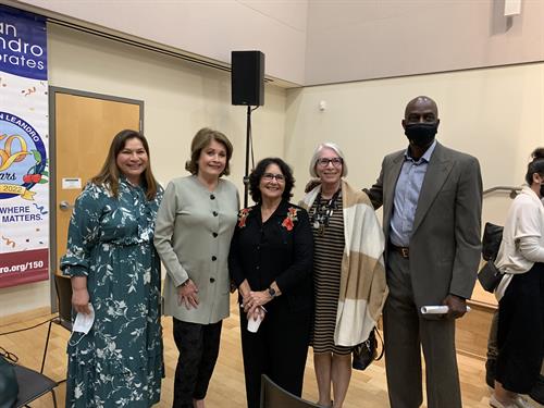 AC Transit Board Directors Elsa Ortiz and Murphy McCalley attend San Leandro Mayor Cutter's final State of the City Address. In this picture, they are also joined by Councilmembers Deborah Cox and Corina Lopez.