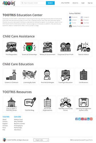 The TOOTRiS Education Center serves as a database for parents, providers, and employers to find Child Care assistance, education and training, and TOOTRiS resources.