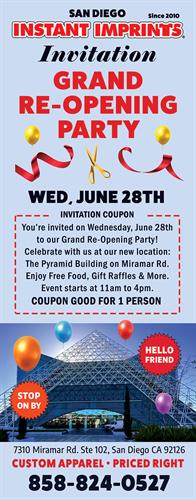INVITATION TO INSTANT IMPRINTS GRAND RE-OPENING EVENT PARTY - JUNE 28 - 1 TICKET