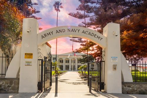 Army and Navy Academy front gates at sunset