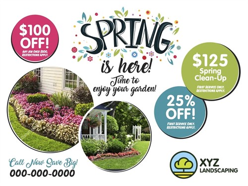 Spring landscaping postcard with seasonal offers