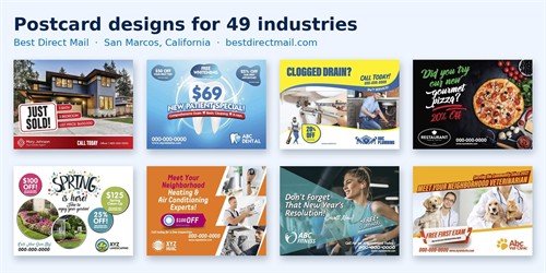 Postcard designs for 49 industries, or bring your own artwork