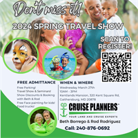 2024 Spring Travel Show March 27th from 10AM-3PM at the Kentlands Mansion in Gaithersburg, Md! Hosted By Cruise Planners Beth Borrego & Rod Rodriguez