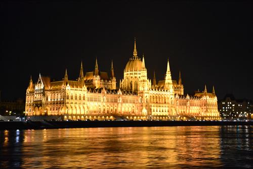 River at night in Budapest, Parliment building.