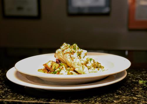 Grilled Halibut w/ Creamy Crab & Cauliflower Hash