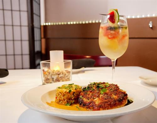 An ocassional special, Salmon Cakes with a Seasonal Fresh Fruit Sangria