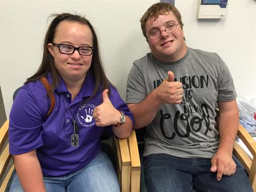 Chris and Jessica getting ready to speak with middle school students about disabilities