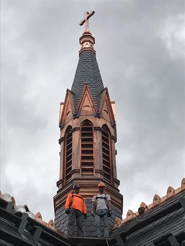 Our craftsmen Jason and Paul in front of the finished spire.   Located in Roanoke, VA.