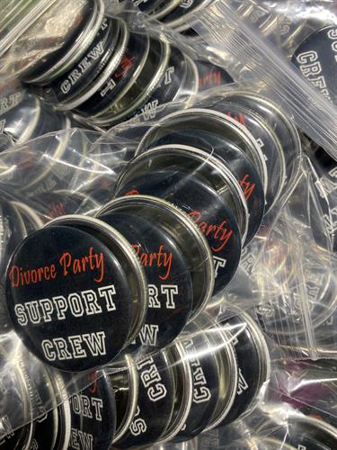 Divorce Party Support Crew Buttons, party favor giveaway to have guests show their support for the recent divorcee!