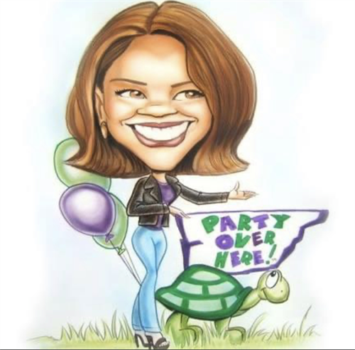 Fun caricature made of founder, Janet Morante with Party Over Here mascot turtle and balloons sign.