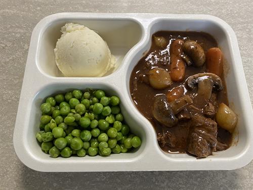 Hot Meal: Beef Stew, Peas & Mashed Potatoes