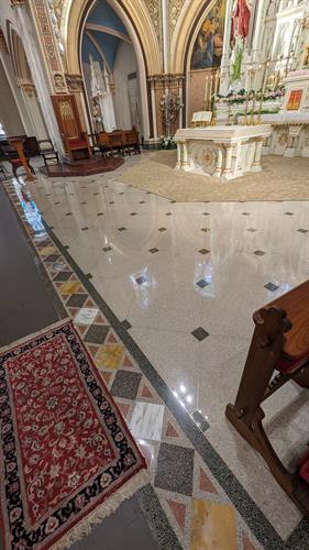 After Terrazzo at the church in Manchester, floor repair with color matching and the stone honed polished and sealed 