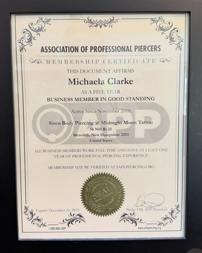 Association of Professional Piercers (APP) Studio Certificate 