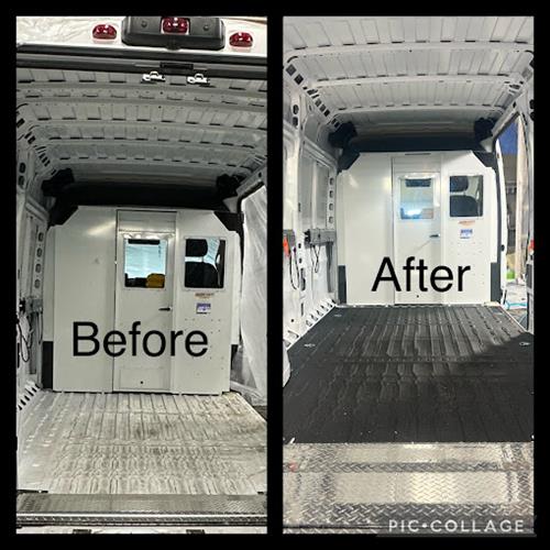 Before and After of a van floor we sprayed to keep people from slipping for a local school