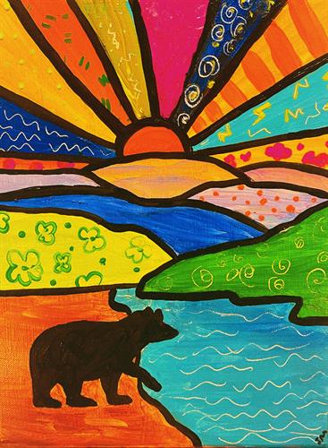 Paint a colorful lake scene (with a bear)