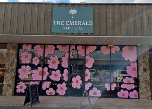 Hand painted Emerald Gift Co business windows