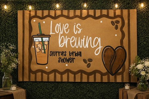 Love is Brewing bridal shower hand painted event banner