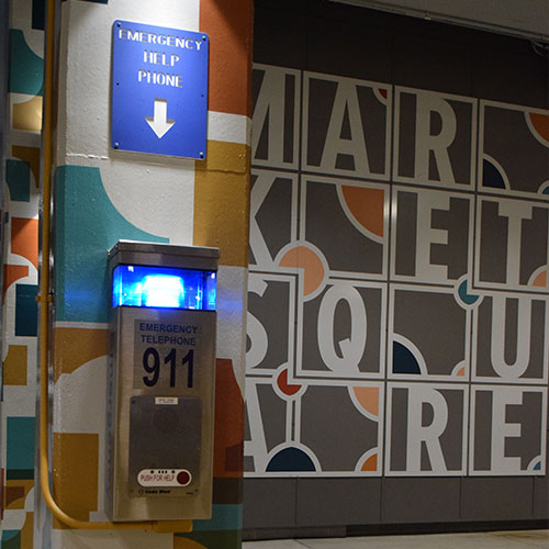 Project: Corners of Brookfield. Lemberg provided the vinyl wraps and other signage, the parking guidance system electrical, and the blue call boxes for resident and visitor safety. 